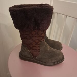 Coach Boots Women's 8 Brown Monogram Signature Kally Shearling Winter Cozy